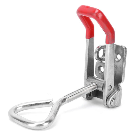 Heavy Duty Stainless Steel Adjustable Toggle Latch With 600kg Strong Hold, Secure Equipment Clamp Featuring Durable Plastic Handle Grip For Industrial Gear And Home Projects, angled shot.
