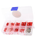 Premium Aluminum CNC Machined RC Screw Washer Kit with red anodized flat cup head washers and nuts in a plastic box.