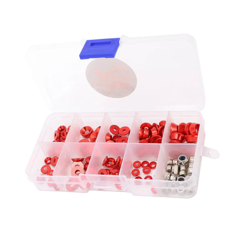 Premium Aluminum CNC Machined RC Screw Washer Kit with red anodized flat cup head washers and nuts in a plastic box.