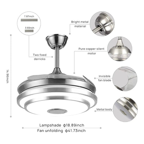 Diagram of 42 Inch Modern Retractable Ceiling Fan With Remote And Smart Bluetooth App Control Dimmable RGB Lights Nickel Finish