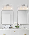 Brushed Nickel 3 Light Vanity Light For Bathroom With Clear Glass Shades Over Mirror Modern Industrial Style Vanity Fixture