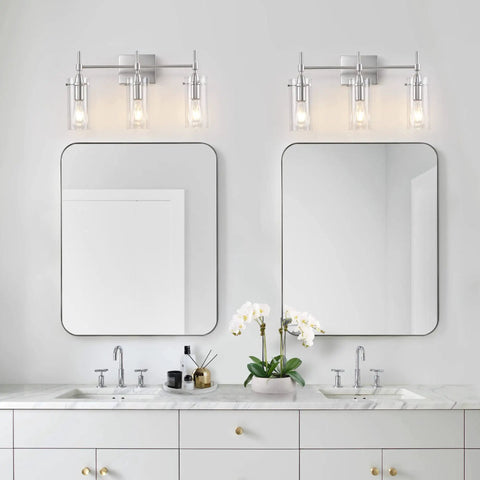 Brushed Nickel 3 Light Vanity Light For Bathroom With Clear Glass Shades Over Mirror Modern Industrial Style Vanity Fixture
