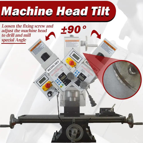 Machine head tilt feature of the Heavy Duty 1300W Mill Drill Machine Boasts A Crisp DRO Display And A Brushless Motor.