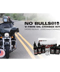 5 Quart 20W50 Synthetic Motor Oil Change Kit For Harley-Davidson Twin Cam And Milwaukee-Eight Engines displayed with motorcycle
