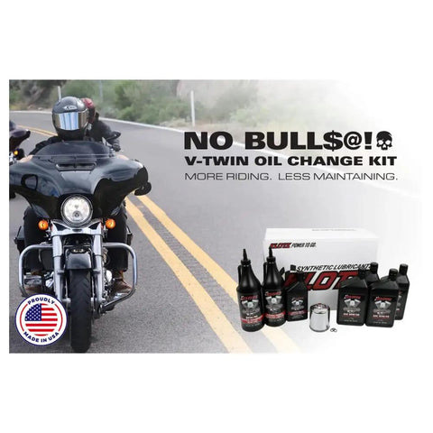 5 Quart 20W50 Synthetic Motor Oil Change Kit For Harley-Davidson Twin Cam And Milwaukee-Eight Engines displayed with motorcycle