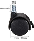 Twin Wheel Nylon Swivel Furniture Caster Set With 1.5 Inch Wheels And M10 X 15mm Threaded Stem Brakes, non marking black casters