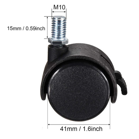 Twin Wheel Nylon Swivel Furniture Caster Set With 1.5 Inch Wheels And M10 X 15mm Threaded Stem Brakes, non marking black casters