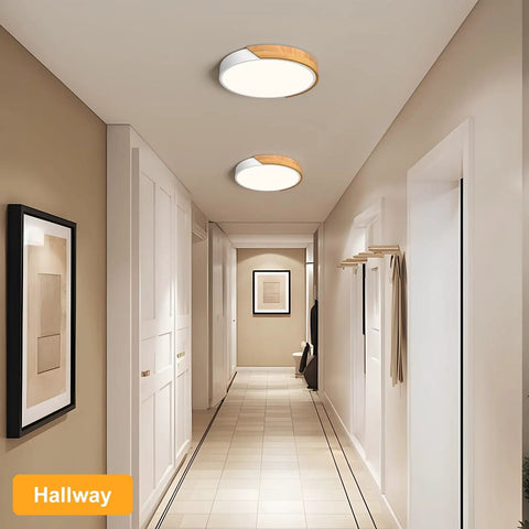 Sleek Modern LED Ceiling Light Fixture With Wood Style Flush Mount Circular Acrylic Lampshade 11.8 Inch Diameter in Hallway