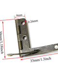 Close-up of 4 Pack Metal Wooden Box Hinges With 90 Degree Spring Action Angle Support DIY Furniture Hardware For Woodworking Projects Green Bronze Finish Includes Mounting Screws showing dimensions and metal texture.