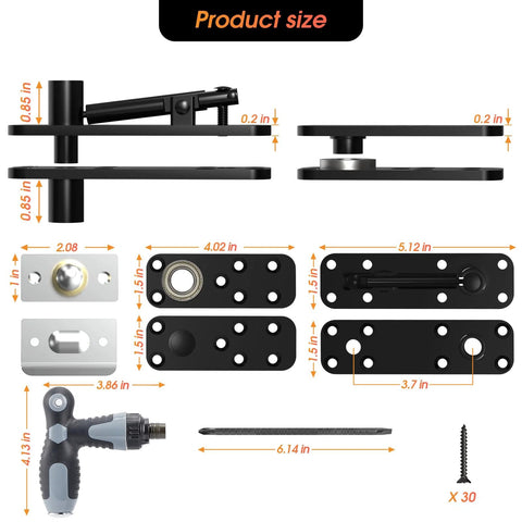 Product mechanical diagram of Hidden Door Pivot Hinge System For Bookshelf And Secret Doors With 360 Degree Rotation, Built Tough Heavy Duty Stainless Steel Black Pivot Hinge, Rustproof Durable Wood Door Hardware By Aglehome.