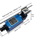 2 Pack ME-8107 Adjustable Rod Lever Arm Limit Switch 1NC 1NO Momentary Travel Switch For CNC Mills, dimensions labeled