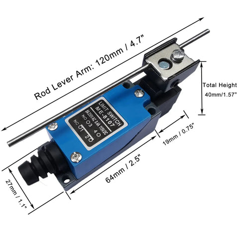 2 Pack ME-8107 Adjustable Rod Lever Arm Limit Switch 1NC 1NO Momentary Travel Switch For CNC Mills, dimensions labeled