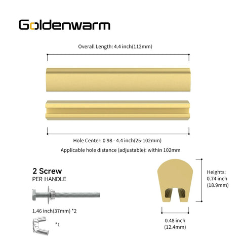 Gold Finish Adjustable Drawer Pulls 10 Pack For Kitchen Cabinets With Unlimited Hole Spacing From 1 To 4 Inches 25 To 102 Mm Overall Length 4.4 Inches Height 0.74 Inch Satin Gold Cabinet Handles For Easy Replacement On Cabinets And Drawers diagram showing dimensions and screws