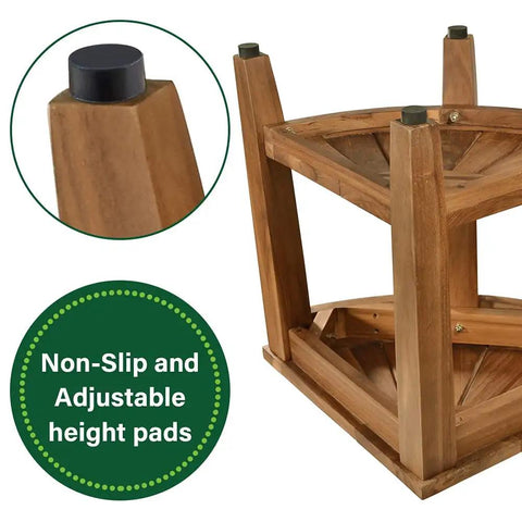 Underside of Shower Bench And Corner Stool Set In Solid Teak Wood For Indoor Outdoor Use showing non-slip adjustable height pads.