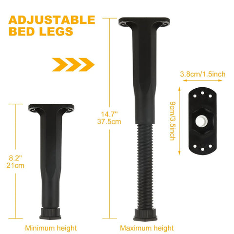 Heavy Duty Bed Support Legs 8 Pack Adjustable Height Center Supports For King Queen Bed Frame Slat Replacement Furniture Glides, detailed view of adjustable height range from 8.2 to 14.7 inches.