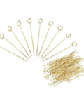 Gold Tone 304 Stainless Steel Eye Pins 200 Pcs Set, 25mm Long, 22 Gauge Open Eye Pins For Jewelry Making DIY Craft Necklaces, Bracelets, Earrings, Beading Links, Bulk Jewelry Findings laid out and stacked