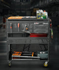 3 Tier Detachable Utility Cart With Steel Pegboard Foldable Rolling Tool Cart On Wheels For Garage Organization And Tool Storage A Real Garage Workhorse Grab And Go Mobile Shop Cart featuring tools and supplies