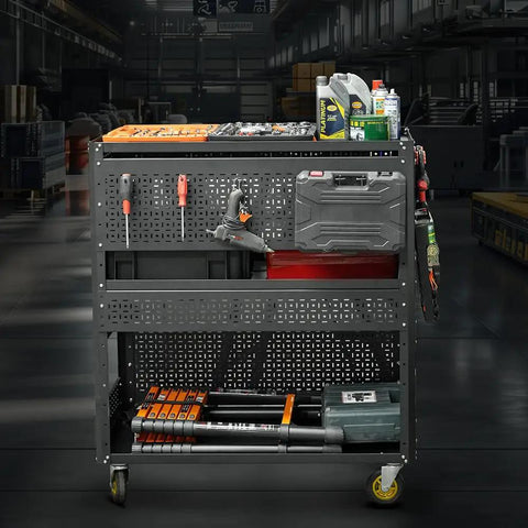 3 Tier Detachable Utility Cart With Steel Pegboard Foldable Rolling Tool Cart On Wheels For Garage Organization And Tool Storage A Real Garage Workhorse Grab And Go Mobile Shop Cart featuring tools and supplies