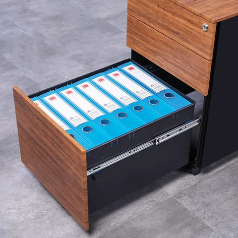 Open drawer of rolling 3 drawer office filing cabinet with lock, mobile printer stand, castors for A4 files, space saving utility solution