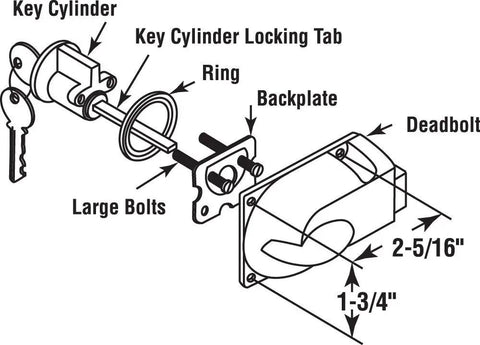 Diagram of Center Mount Diecast Aluminum Deadbolt Lock With Keyed Cylinder For Garage Doors and dimensions