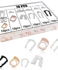 Fuel Line Retainer Clips Three Eighths And Five Sixteenths Inch Nylon Gas Tank Repair Kit With Seven Size Clamp Assortment Replacement Kit Compatible With Ford GM Chrysler 70 Piece Set displayed in an organizer box with various nylon clip sizes visible.