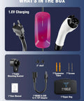 Portable Level 1 And 2 EV Charger With AI Smart Charging, cables, adapters, and accessories in box layout