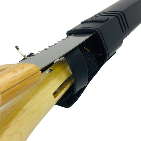 Japanese NATA Tool Knife And Pruning Saw Set 6.5 Inch Hatchet Axe with sheath, showing blade and wooden handle detail for bushcraft.