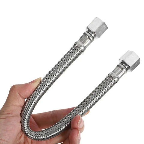 Two Pack Air Compressor Hose Replacement with stainless steel tube held by hand for pneumatic systems, heavy duty industrial use.