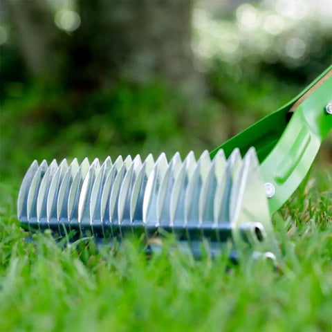 Side view of 15 Inch Adjustable Self Cleaning Thatch Rake With Hardwood Handle For Lawn Care Curved Tines For Clearing Dead Grass Clippings