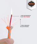 Close-up of red flax fire tinder in Ultimate Go-To All Weather 5-In-1 Fire Starter Kit, triple braided nylon strands