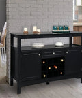 Modern Black Sideboard Cabinet Featuring Built In Wine Rack And Two Doors Plus One Drawer Slick Buffet Server with candles.