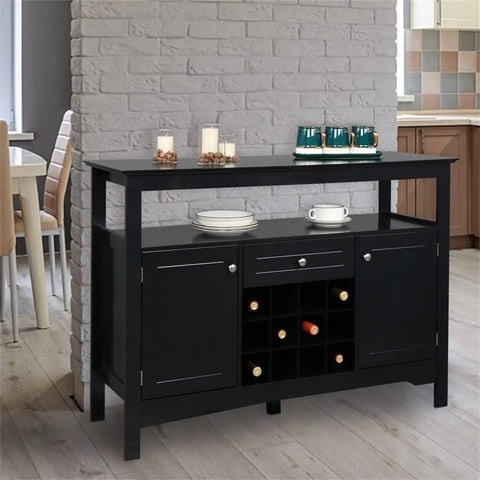 Modern Black Sideboard Cabinet Featuring Built In Wine Rack And Two Doors Plus One Drawer Slick Buffet Server with candles.