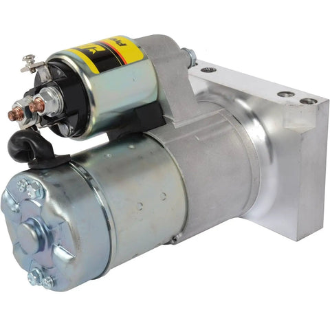Gritty Lightweight Mini Starter Built For Small Block And Big Block Chevy Motors With Zero Fuss Straight Bolt On Mount, silver metal with connectors.