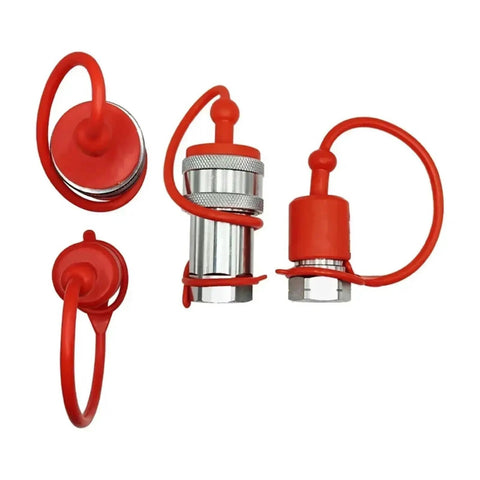 Unlock The Full Potential With These Two Sets Of Heavy Duty Hydraulic Quick Connect Couplers Covering 1/4 3/8 And 1/2 Inch Npt Sizes With Dust Safety Caps To Keep Debris Out Secure And Stable Fits For Pump Tractor Systems Easy Snap Install Saves Cash For. red metal hydraulic quick connect couplers with dust caps