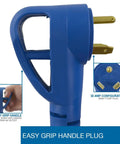 Close-up of RV Extension Cord 25 Feet 30 Amp TT-30P To TT-30R Heavy Duty plug with easy grip handle and prong design