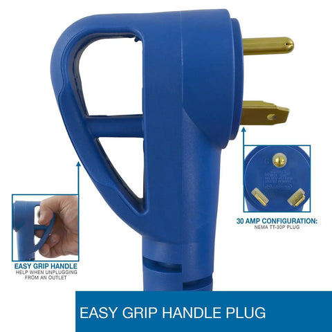 Close-up of RV Extension Cord 25 Feet 30 Amp TT-30P To TT-30R Heavy Duty plug with easy grip handle and prong design