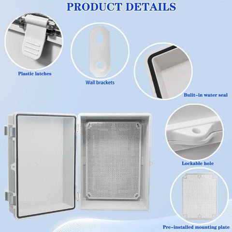 Weatherproof Electrical Box With Mounting Plate For DIY Electronics Built Tough IP67 Junction Enclosure With Hinged Gray Cover shown open