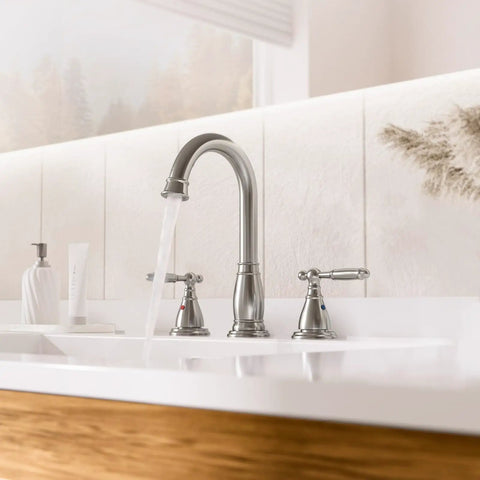 Sleek Chrome Widespread 8 Inch 3-Hole 2-Handle Bathroom Faucet With Valve And Metal Pop-Up Drain Assembly Lead-Free Easy Install