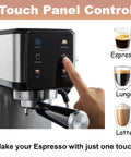 Touch panel controls on dual boiler espresso machine showcasing options for espresso, lungo, and latte. Kick Up Your Coffee Game With This Slick Dual Boiler Espresso Machine Featuring 20 Bar Pressure Touch Panel Built In Milk Frother Wand And Compact Frame Designed For Pulling Barista Quality Shots For Rich Cappuccinos And Lattes At Home.