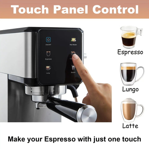 Touch panel controls on dual boiler espresso machine showcasing options for espresso, lungo, and latte. Kick Up Your Coffee Game With This Slick Dual Boiler Espresso Machine Featuring 20 Bar Pressure Touch Panel Built In Milk Frother Wand And Compact Frame Designed For Pulling Barista Quality Shots For Rich Cappuccinos And Lattes At Home.