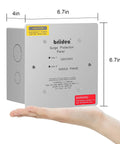 Person holding Type 2 Whole Home Surge Protector for 120/240 Volt Panels, Heavy Duty 4-Mode SPD in NEMA 1 Enclosure, 6.7in x 4in size