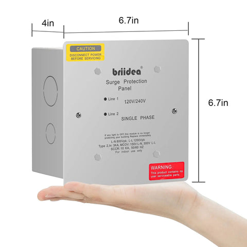 Person holding Type 2 Whole Home Surge Protector for 120/240 Volt Panels, Heavy Duty 4-Mode SPD in NEMA 1 Enclosure, 6.7in x 4in size