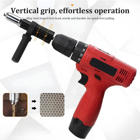 Cordless Rivet Gun Adapter Kit With 2.4mm 3.2mm 4.0mm And 4.8mm Heads for automotive riveting attached to power drill