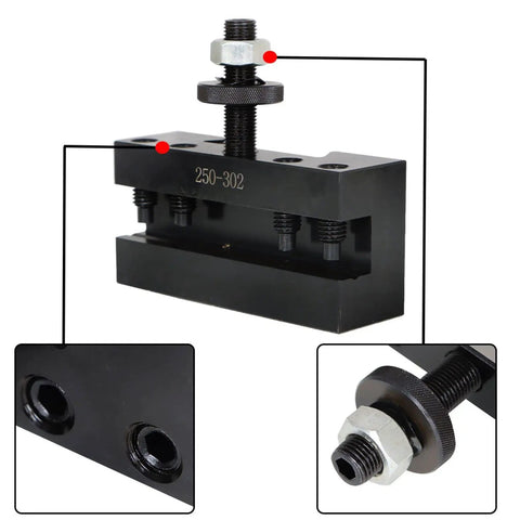 Pro Grade Wedge Type Quick Change Lathe Tool Holder Set Featuring Top Shelf Hardened Steel Construction And Rock Solid Performance For Mini Metal Lathes Precision Cutting close-up of tool holder with steel block and threaded components.