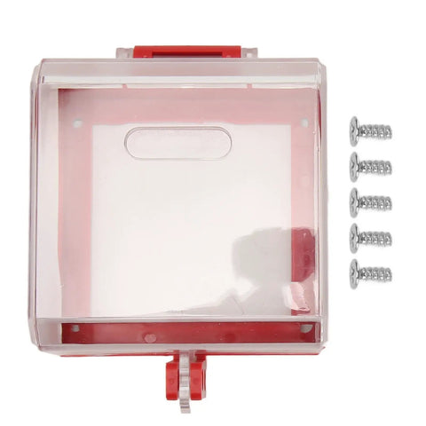 Top view of Emergency Stop Switch Cover for Industrial Equipment Transparent Push Button Protector Prevents Misoperation and Protects Electrical Gear in Harsh Environments Made From Durable PC Material with screws.
