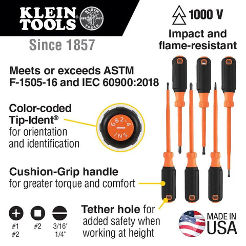 Diagram of Insulated Screwdriver Set 1000V Rated With 6 Piece Kit Featuring 3 Phillips 2 Slotted And Square Tips Made In USA
