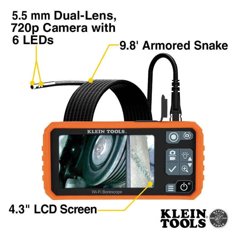 WiFi Pro Borescope With Dual Lens 5.5 mm displaying image on 4.3 inch LCD and 9.8 foot armored gooseneck for HVAC inspection