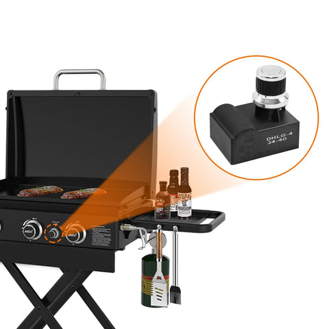 Four Outlet AA Battery Push Button Spark Generator Igniter For Grills Easy Replacement with Chrome Cap shown with black gas grill