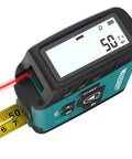 Close-up of Do It All Laser Distance Meter And Digital Tape Measure With 130 Ft Range 16 Ft Readout Tape Rechargeable Power Manual Locking Blade