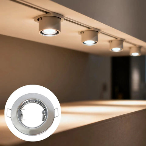 6 Pcs Chrome MR16 GU10 Downlight Fitting Set, 3.1 in recessed downlight housing with chrome spotlight on ceiling.